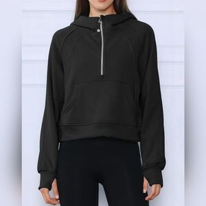 Half-Zip Kangaroo Pocket Hoodie - Cozy Athletic Pullover Sweatshirt Black